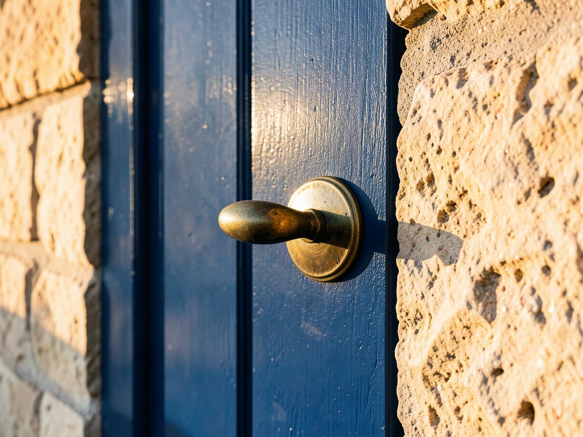 Aged brass handle on a Mediterranean blue door